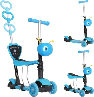 Produktbild von 5 en 1 Trottinette pour Enfants Trottinette 3 Roues šŠvolutive Hauteur Guidon ršŠglable charge max. 60 Kg Canne tšŠlescopique Selle Dossier Amovible Bleu