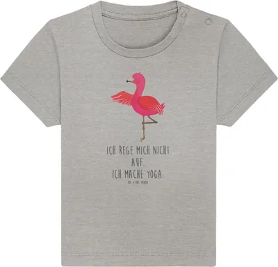 Produktbild von Mr. & Mrs. Panda Babyshirt Flamingo Yoga 6. - 12. Monat - Heather Grey - Geschenk, Achtsamkeit, Baumwolle Baby Shirt,  T-Shirt, Rosa, Kinder, Oberteil, Yogi, Namaste