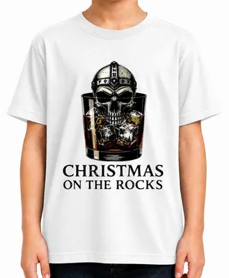 Produktbild von Christmas On The Rocks Whiskey Skull Viking Helm Runen Totenkopf Kinder T-Shirt, Weiß, 140