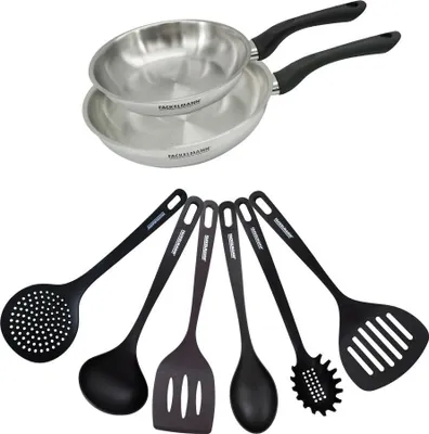 Image de Set 2 poêles 20 et 24 cm en inox et 6 ustensiles Fackelmann Geneva