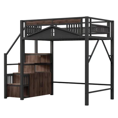 Produktbild von Flieks Etagenbett 140x200cm mit Treppe, Hochbett mit Schrank und Staufach, Kinderbett mit Rausfallschutz und Lattenrost, Metallbett Doppelbett Schwarz