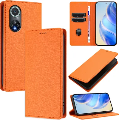 Produktbild von Litchi Leder Handyhülle für Huawei Nova 9 Pro/Honor 50 Pro Wallet Kartenfächer Standfunktion Hülle Orange