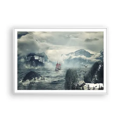 Produktbild von Gerahmtes Poster - Weißer Rahmen - Sturm Berge Segelschiff - 100x70 cm - Wand Bild - Wanddeko - Wandbilder - Kunstposter - Wandposter - Bilderrahmen - Bilder - Kunstdruck - Wandbild - P2WAA100x70-4208