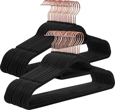 Produktbild von Samtkleiderbügel, 50 Stück, Antirutsch, Kleiderbügel, Drehbarer Haken in Roségold, Dicke 0,6 cm, Platzsparend, 45 cm lang, Für Mäntel, Hemden, Röcke, Hosen, Krawatten, schwarz