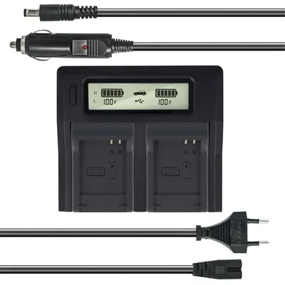 Produktbild von Dual Akku-Ladegerät kompatibel mit Canon NB-8L - mit USB-Anschluss, LCD-Display und Kfz-Ladekabel - Schnellladegerät