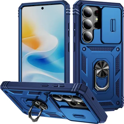 Produktbild von Hülle für Samsung Galaxy S26 Ultra, Schiebe Kamera Schutz Stoßfest Schutzhülle mit Ringhalterung Ständer Kartenhalter Blau