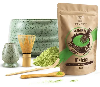 Produktbild von Mary Rose - Matcha Tee Premium Set Pulver 100g - Grün mit Punkten Keramik Matchawan Schale Rokku 500ml - Mit Bambus Chasen Besen, Kusenaoshi Halter