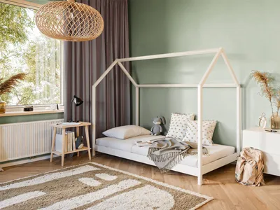 Produktbild von Hausbett Kinderbett 90x200 cm Bett mit Lattenrost Bed Kinder Jugendbett Einzelbett Spielbett Hausbett Himmel | weiß Kiefer Holz massiv Junge Mädchen 200x90 cm