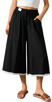Produktbild von ASKSA Damen Caprihose Leinen Weites Bein 3/4 Hose Sommer Elegant Casual Leicht Freizeithose mit Taschen (Schwarz,XXL)