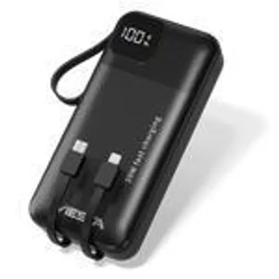 Image de VIESTA® batterie externe 20 000 mAh noire charge rapide 22,5 W PD 20W câble USB-C Lightning intégré écran LCD lampe LED USB-A USB-C dragonne