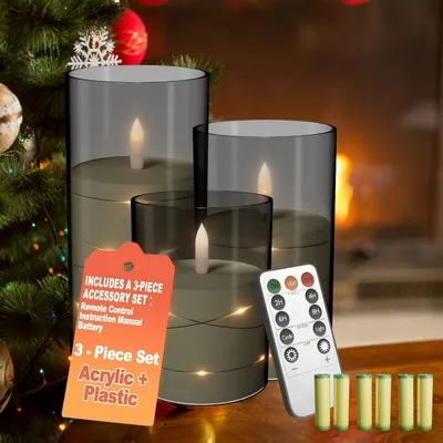 Obrázok produktu pre Sada 3 LED sviečok LARS360 s diaľkovým ovládaním, blikajúce LED sviečky s časovačom, s možnosťou stmievania, bezdrôtové, vrátane 6 batérií AA, výška 10/12,5/15 cm, matná sivá farba