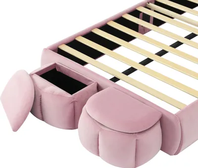 Produktbild von MODFU Kinderbett Polsterbett 90×200 mit LED und Bettkasten,Jugendbett mit Kopfteil in Hasenohrenform und zwei Aufbewahrungshockern,ohne Matratze,Rosa
