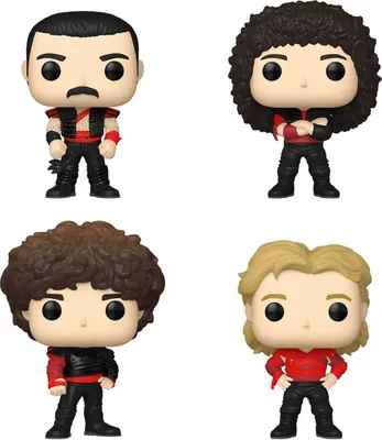 Four Funko Pop! vinyl figures of the band Queen, arranged in a grid.