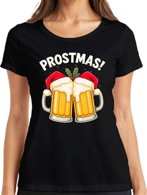 Immagine prodotto di Boccale di birra Prostmas Babbo Natale Birra Natale Regalo divertente Maglietta da donna, nero, XXL
