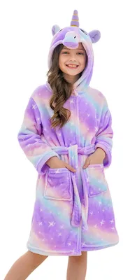 Imagen del producto de Bata de felpa morada, diseño de unicornio, talla 110