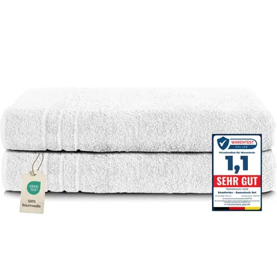 Produktbild von Komfortec 2er Saunatuch Set 80x200 cm aus 100% Baumwolle, XXL-Saunatücher, Sauna Handtuch, Weich, Groß, Frottee, Schnelltrocknend, Weiß