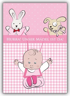 Produktbild von Süße Babykarte (Mädchen) zur Geburt mit Stofftieren: Hurra!
