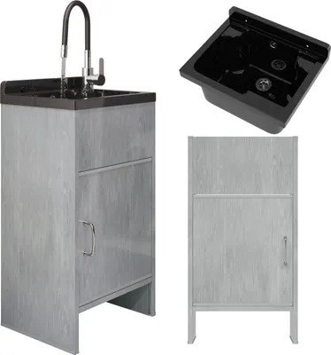 Obrázek produktu pro Granitan – umyvadlo – odtokové umyvadlo – 77 × 41 × 34 cm – černé – s baterií GRADO a sifonem – LOMA