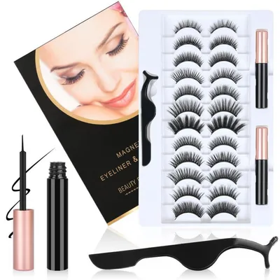 Produktbild von Magnetische Wimpern & Flüssiger Eyeliner Set 12 Paare 3D Dicke Lange Flauschige Künstliche Wimpern Wasserdicht Wiederverwendbar mit Zange