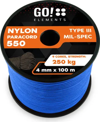 Produktbild von GO!elements 100m Paracord Seil aus reißfester Nylonschnur - 4mm Paracord 550 Typ III Schnur - geeignet als Allzweckseil & Reepschnur - Max. 250kg, Farbe: Blau