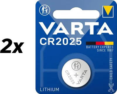 A Varta CR2025 battery pack is shown on a white and blue background.