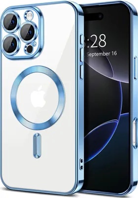 Produktbild von Magnetische Klar Hülle für iPhone 16 Pro Max, Kompatibel mit MagSafe, Elektroplattiert Handyhülle mit Kameraschutz Hellblau