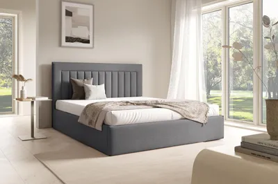 Obrázok produktu pre FURNISTAR Čalúnená posteľ BEA I s úložným priestorom | Dvojlôžková s úložným priestorom a roštom | Vzhľad boxspring | Bez matraca | Spálňa – tmavošedá