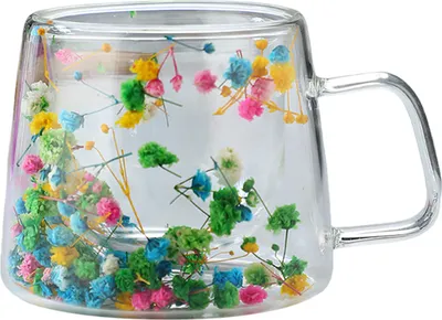 Produktbild von 200 ml doppelwandige Glastassen mit echten getrockneten Blumen, hitzebeständige, klare Kaffeetassen, Teetassen mit Blumendesign für elegantes Trinken
