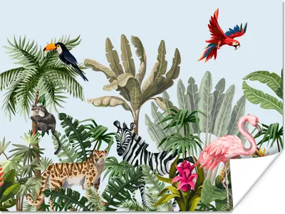Produktbild von MuchoWow® Poster Dschungel - Flamingo - Affe - Jungen - Mädchen - Kinder 120x90 cm - Wandbild