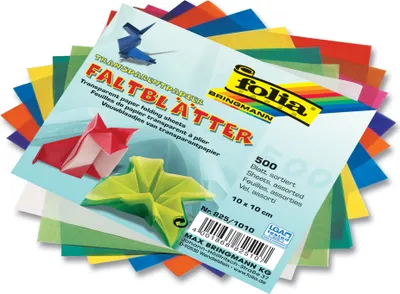 A stack of colorful transparent paper folding sheets, fanned out.