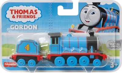 A toy train, Gordon from Thomas & Friends, in its retail packaging.