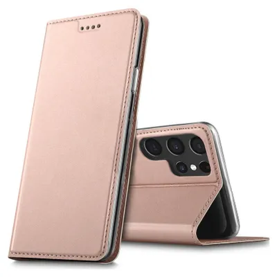 A rose gold flip case for a Samsung Galaxy S22 Ultra is shown with the phone inserted.