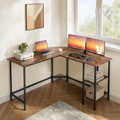 Produktbild von VASAGLE Eckschreibtisch mit Ablagen, L-förmiger Computertisch, 130 x 130 cm, für Büro, einfacher Aufbau, braun-schwarz