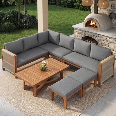 Produktbild von okwish Outdoor Modulares Sofa Gartensofa 2 Hockern und Akazienholztisch Garten-Liegestuhl-Set 6-Sitzer Ecksofa mit Kissen für Terrasse und Garten Grau