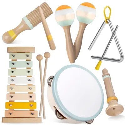 Produktbild von Musikinstrumente für Babys im Montessori-Stil, aus Holz – Set mit 8 Instrumenten – geeignet für Kinder von 1 bis 3 Jahren – Schlaginstrumente