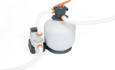 Produktbild von Bestway Sandfilteranlage mit Zeitschaltuhr, Flowclear™, 8.327 l/h, 280 W, Kunststoff, weiß/grau/orange, 60x54x43,6 cm (H/B/T), für Aufstellpools (1.100-51.400 l), ChemConnect™ Chemikaliendosierer, 6-Wege-Ventil