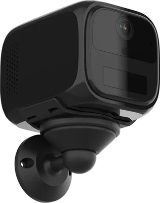 A black LTE wireless mini camera with a mounting bracket is shown against a white background.