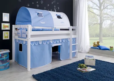 Produktbild von Halbhohes Einzelbett Alex Buche massiv 90x200 cm Weiß lackiert mit Stoff-Set