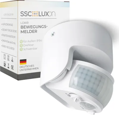 Produktbild von SSC-LUXon LOXIR PIR Bewegungsmelder Weiß IP54 für Innen & Außen drehbar einstellbar - Motion Sensor mit 180° & 360° Erfassung 12m Reichweite