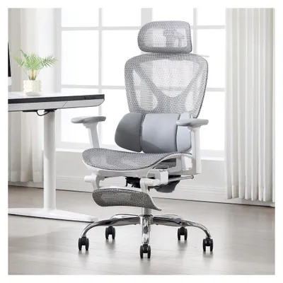 Produktbild von Ergonomischer Bürostuhl mit verstellbarer Kopfstütze, Armlehnen und Lendenwirbelstütze, Drehstuhl mit ausziehbarer Fußstütze, 90°–135° Neigungsverstellung, Grau