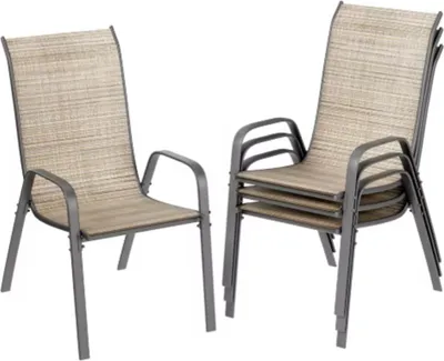 Immagine prodotto di Set di sedie da giardino in metallo - 4 sedie da giardino impilabili in textilene - Sedie con schienale alto per balcone, giardino e terrazza - Marrone - Portata massima 150 kg. Portata 150 kg