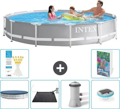 Produktbild von Grosses Rundes Schwimmbecken aus Kunststoff - 366 x 76 cm - Grau - Mit Abdeckdach - Solar-Matte - Schwimmbeckenpumpe - Beleuchtung - 7-teilig