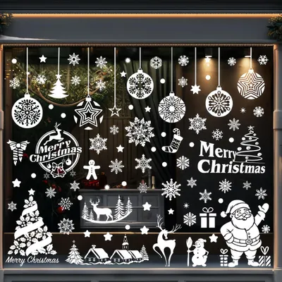 Produktbild von Weihnachtsaufkleber, selbstklebend, weiß – Schneeflocken mit Häusern für weihnachtliche Fensterdekoration – wiederverwendbare Weihnachtsdekoration