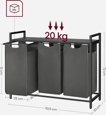 Zdjęcie produktu dla Kosz na pranie VASAGLE 3 komory, pojemnik na pranie z półką, pojemnik na pranie, wyjmowany worek na pranie wykonany z tkaniny Oxford, metalowa rama, 3 x 38 litrów, 92,5 x 33 x 72