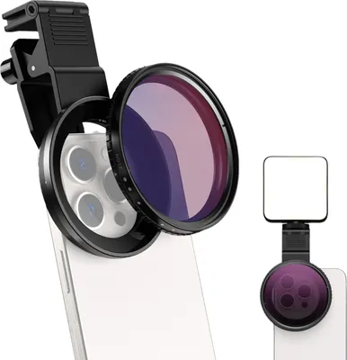 Produktbild von 67 mm variabler ND-Filter fuer Telefonkameraobjektiv ND2-ND32 einstellbarer Neutraldichtefilter mit Telefonfilterclip Tragetasche Ersatz fuer iPhone 16/15/14/13 und mehr