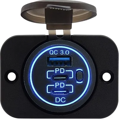 Produktbild von ProRide 12V USB/USB-C Einbau-Steckdose 3 Anschlüsse mit Schalter QC3.0 Blau