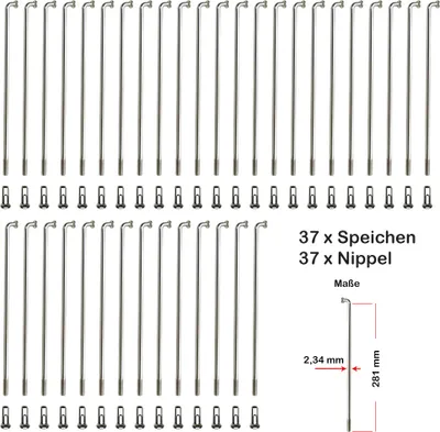 Produktbild von 37 Stück Speichen 281mm verstärkt NIROSTA 2,34mm inkl. Messing Speichennippel