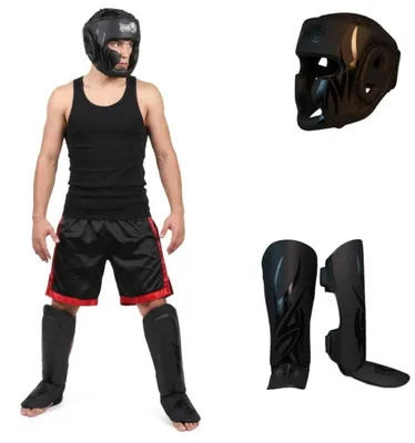 Produktbild von Dragon do Mamba Professional Sparring-Set: Full-Face Kopfschutz Anatomische Schienbeinschoner High-Impact Schutzausrüstung für MMA, Muay Thai, Kickboxen K1 Premium Matt-Schwarz (S Set)