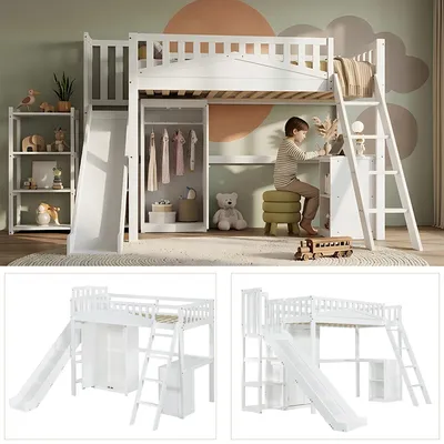 Produktbild von Kinder-Etagenbett mit Rutsche, Schreibtisch, Kleiderschrank, Sicherheitsgitter, weiß, 90x200cm