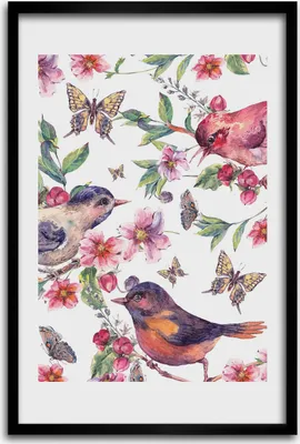 Produktbild von Bild - Bilderrahmen - 40 cm x 60 cm - MDF - Rahmen - Wandkunst - Vögel Schmetterlinge Blumen